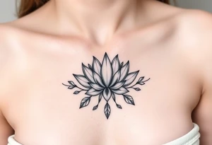 Symmetrical Lotus unalome with stems and leaves underboob tattoo idea
