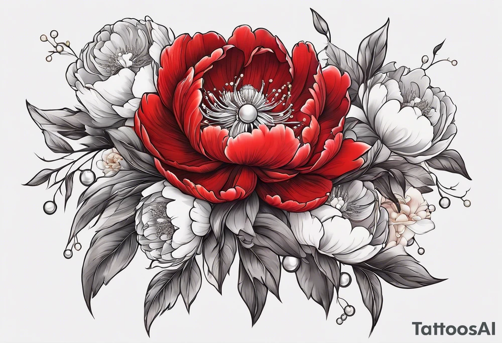 Red peony with a pearls and bunny dangling tattoo idea