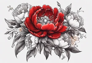 Red peony with a pearls and bunny dangling tattoo idea