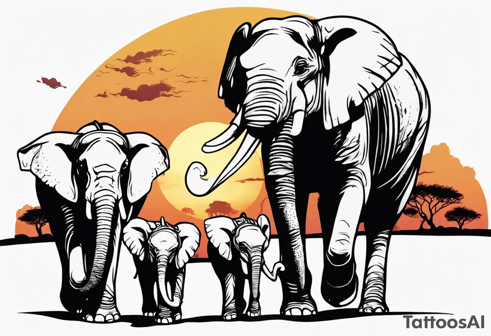 family of 6 elephants walking into sunset after one of them has died tattoo idea