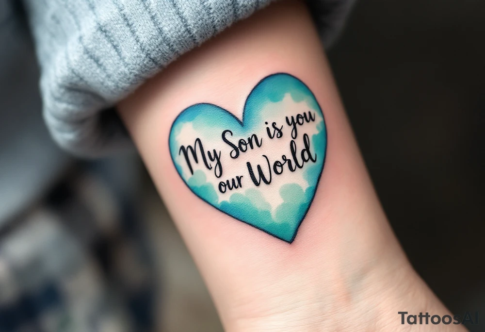 A watercolor heart filled with sky blue and mint green, with the words “My Son Is My World” in black ink. tattoo idea