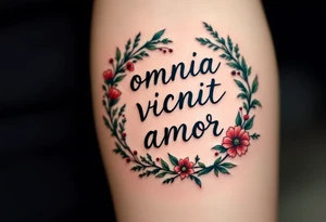 "Omnia Vincit Amor" (Love conquers all), placed inside a wreath of intertwined hands and florals, with soft red, leaf green, and black outlines. tattoo idea