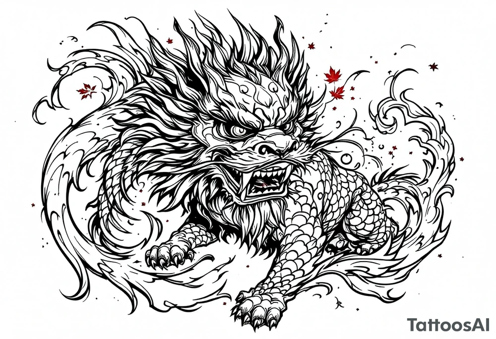 mythical Foo Dog (Half dog, half lion)  with wind and red maple leaf ornament tattoo idea