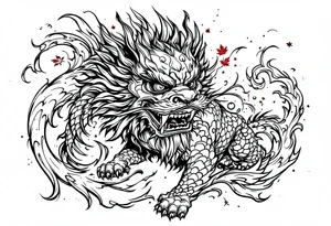 mythical Foo Dog (Half dog, half lion)  with wind and red maple leaf ornament tattoo idea