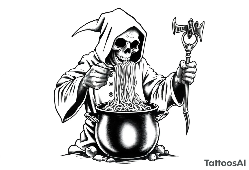 A grim reaper chef pulling noodles out of a pot tattoo idea