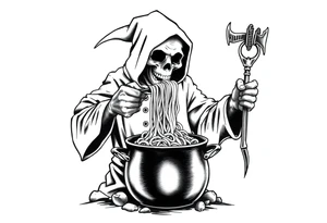 A grim reaper chef pulling noodles out of a pot tattoo idea