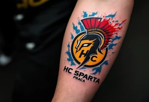 A bold red and yellow HC Sparta Praha logo blazing across a muscular forearm with icy blue shading. tattoo idea