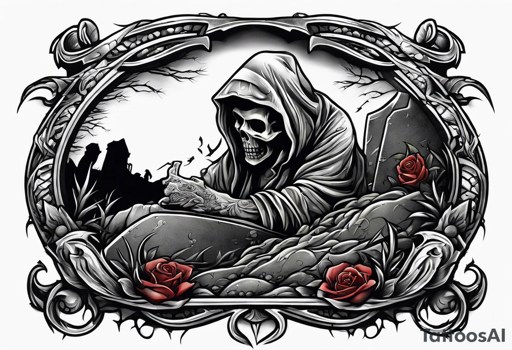Man crawling out of grave. 
MIW Reincarnate written on gravestone tattoo idea