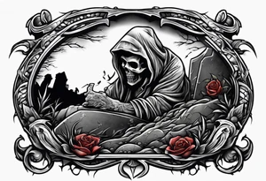 Man crawling out of grave. 
MIW Reincarnate written on gravestone tattoo idea