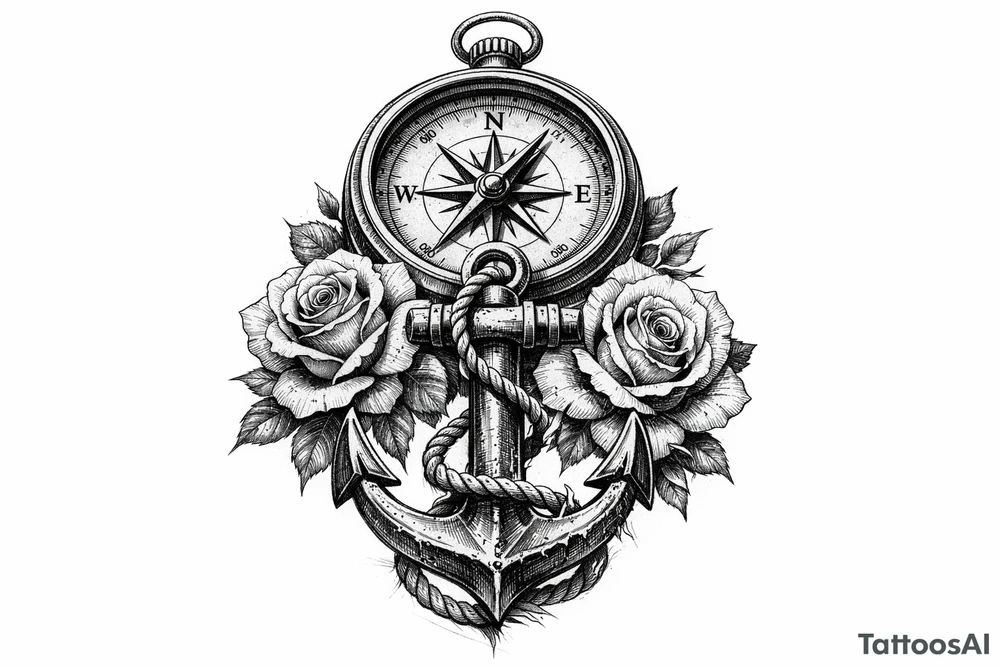 a compass under it an anchor and roses. tattoo idea