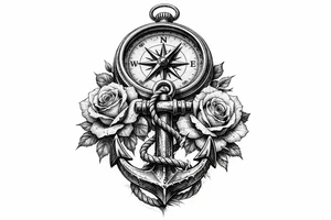a compass under it an anchor and roses. tattoo idea