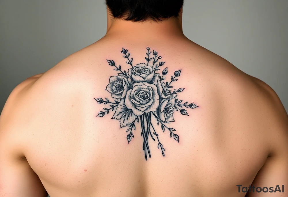 vintage bouquet of wild roses and meadow flowers with morning dew tattoo idea