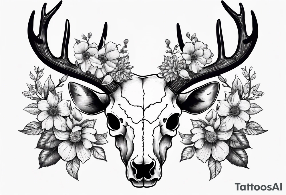 Reindeer skull with the flowers on the horns tattoo idea