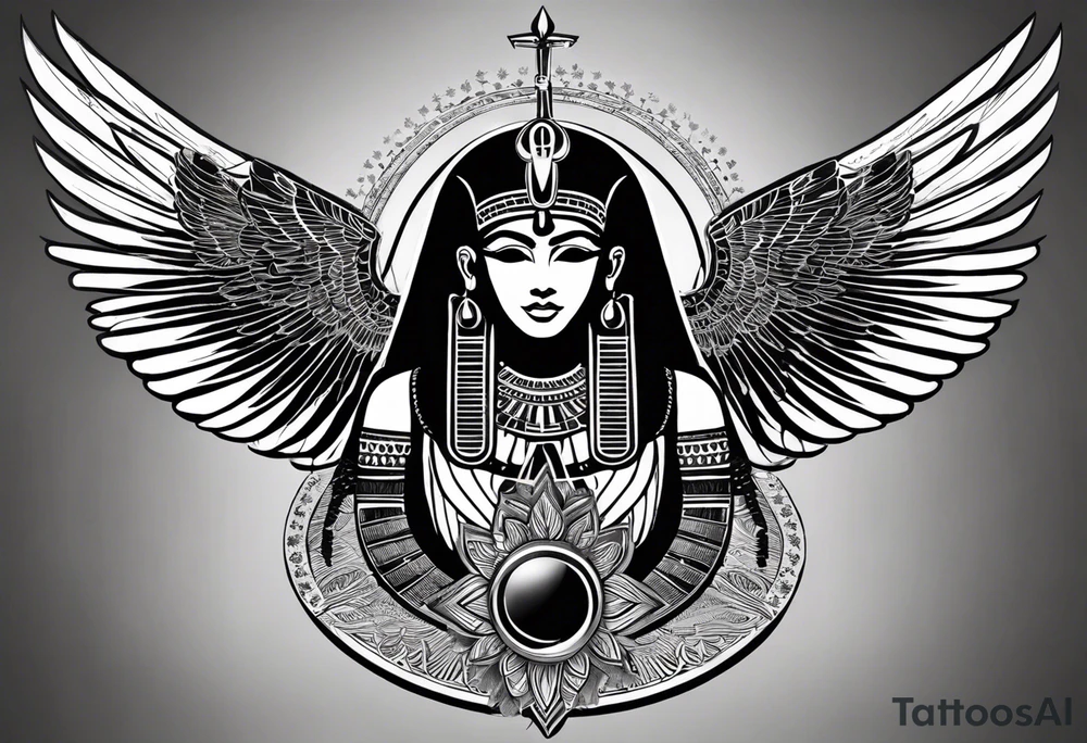 black and white Egyptian goddess Isis, who is often depicted as a woman with outstretched wings, holding an ankh (a symbol of life) in one hand and a lotus flower in the other. Her headdress often includes a throne or a solar disk. The tattoo design can vary in style and size, but it typically aims to capture the essence of this revered Egyptian deity, emphasizing her beauty, power, and maternal qualities. The choice of colors and additional elements can also be customized to create a unique and visually striking representation of the goddess Isis tattoo idea