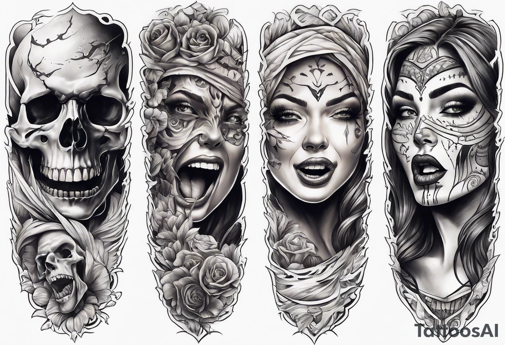 arm sleeve indicating pain, consisting of human arm bones and screaming faces tattoo idea