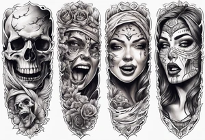 arm sleeve indicating pain, consisting of human arm bones and screaming faces tattoo idea