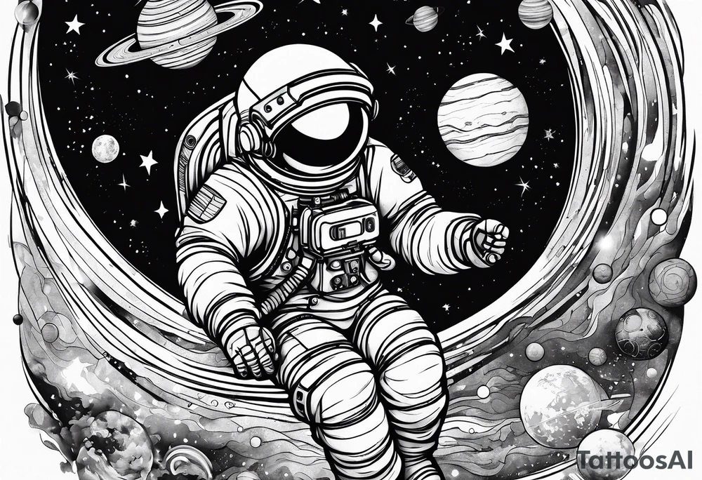 An astronaut floating in space with planets around him tattoo idea