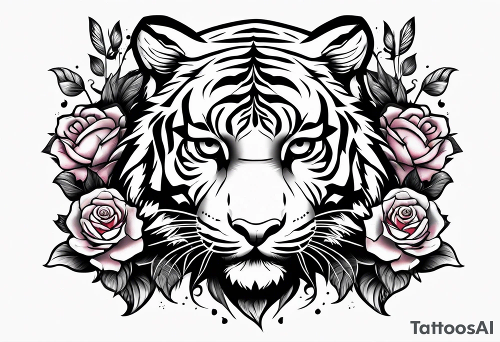 A tiger with roses around it tattoo idea