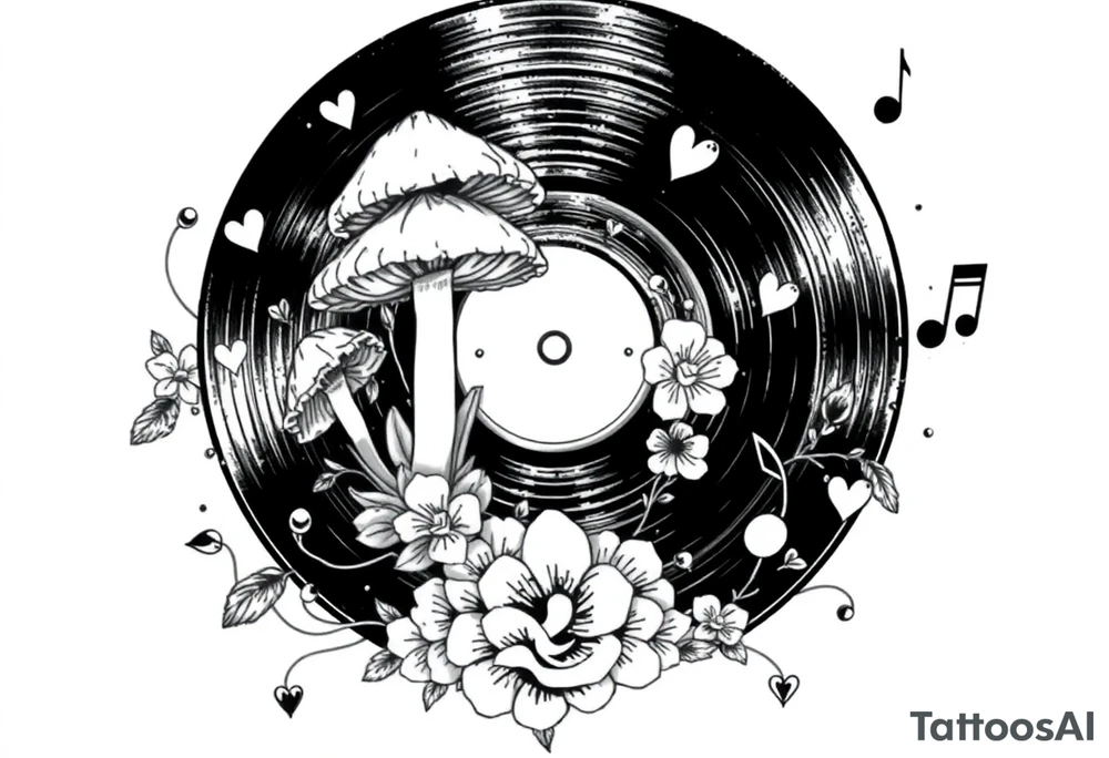 vinyl record with mushrooms, flowers, hearts, and music notes tattoo idea