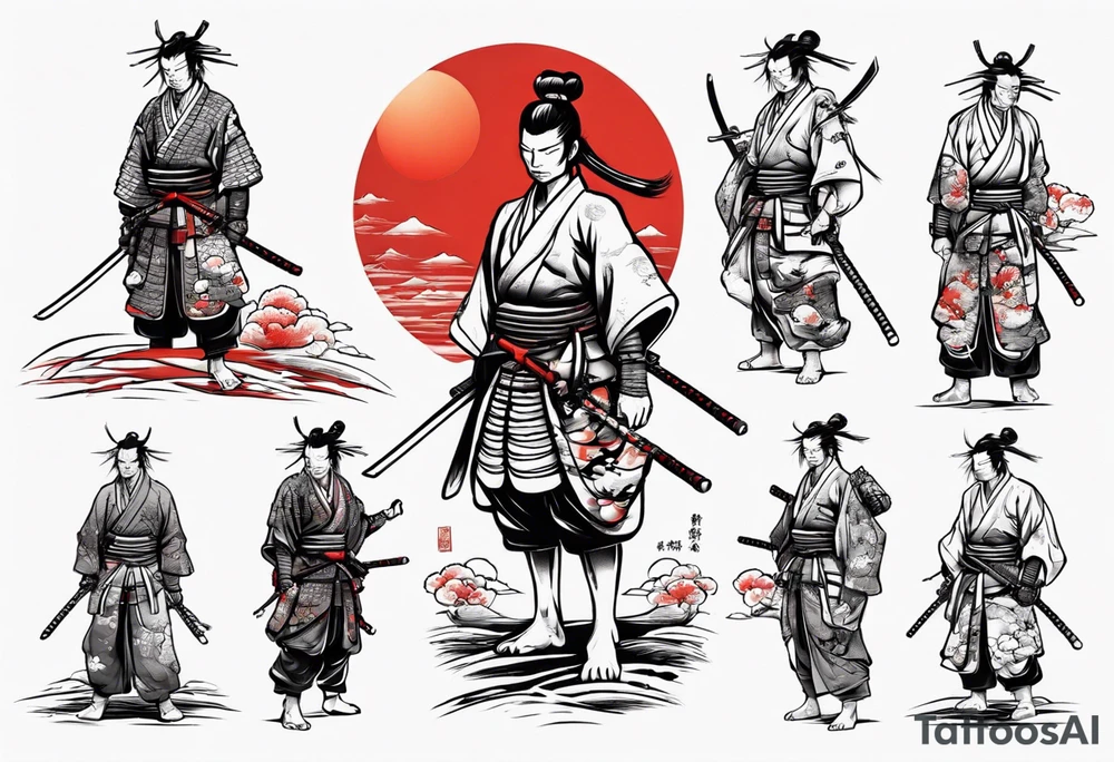 Samurai standing under red sun tattoo idea