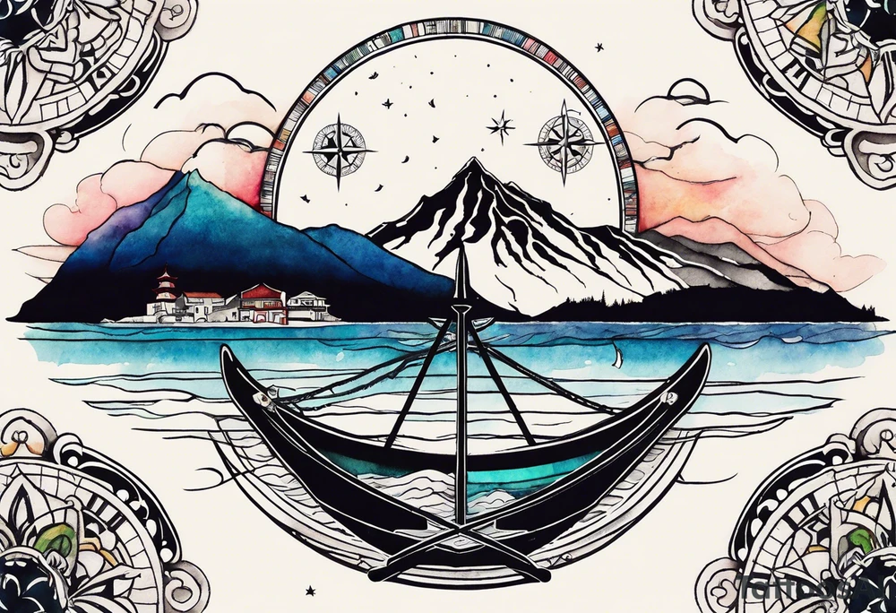 compass rose with half moon bay, mountains, city skyline and European landmark, spilled watercolor and tiny jet plane silhouette and a tiny ski boat in the water tattoo idea