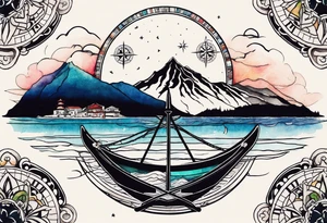 compass rose with half moon bay, mountains, city skyline and European landmark, spilled watercolor and tiny jet plane silhouette and a tiny ski boat in the water tattoo idea