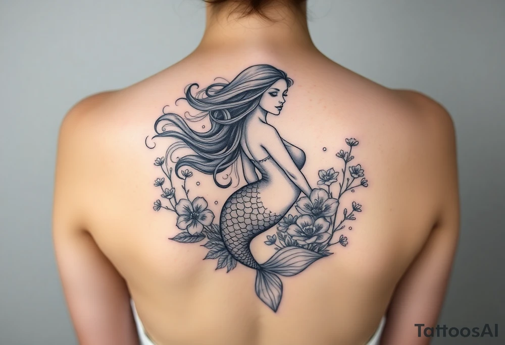 ethereal mermaid with flowing hair among coral and sea flowers tattoo idea
