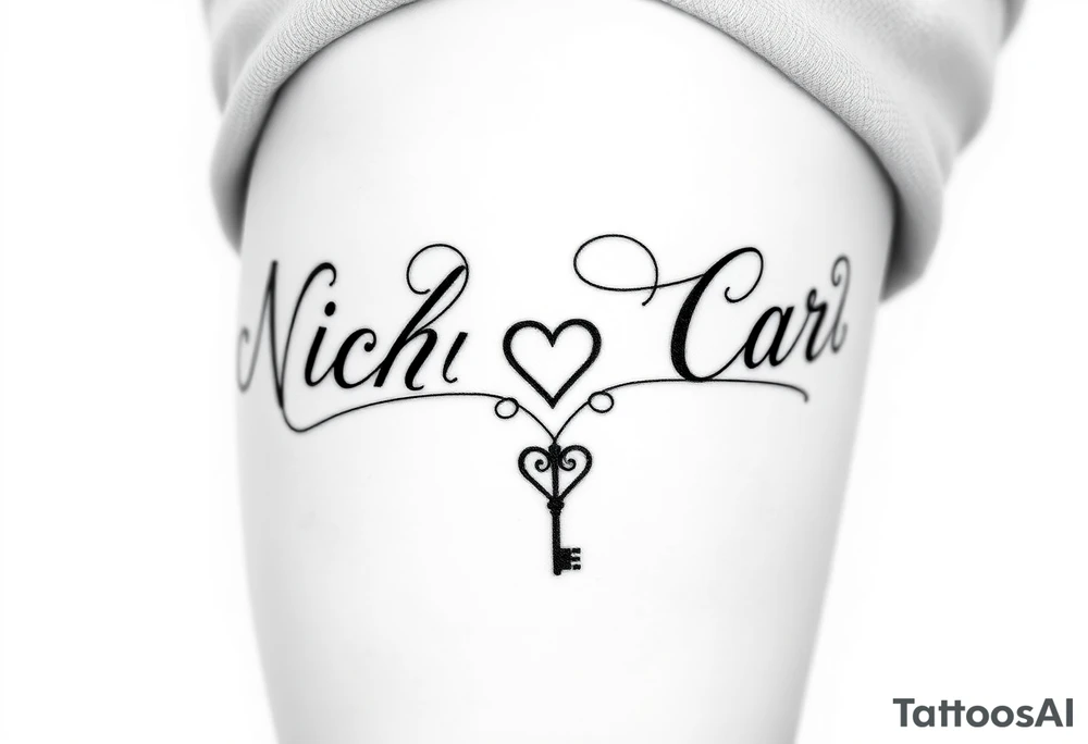 Cursive font writing with creative swirls running with the letters spelling Nicholas Carr. With a fancy heart and key in it at the end.  Nicholas Carr tattoo idea
