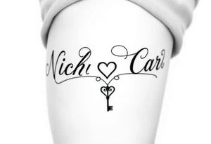 Cursive font writing with creative swirls running with the letters spelling Nicholas Carr. With a fancy heart and key in it at the end.  Nicholas Carr tattoo idea