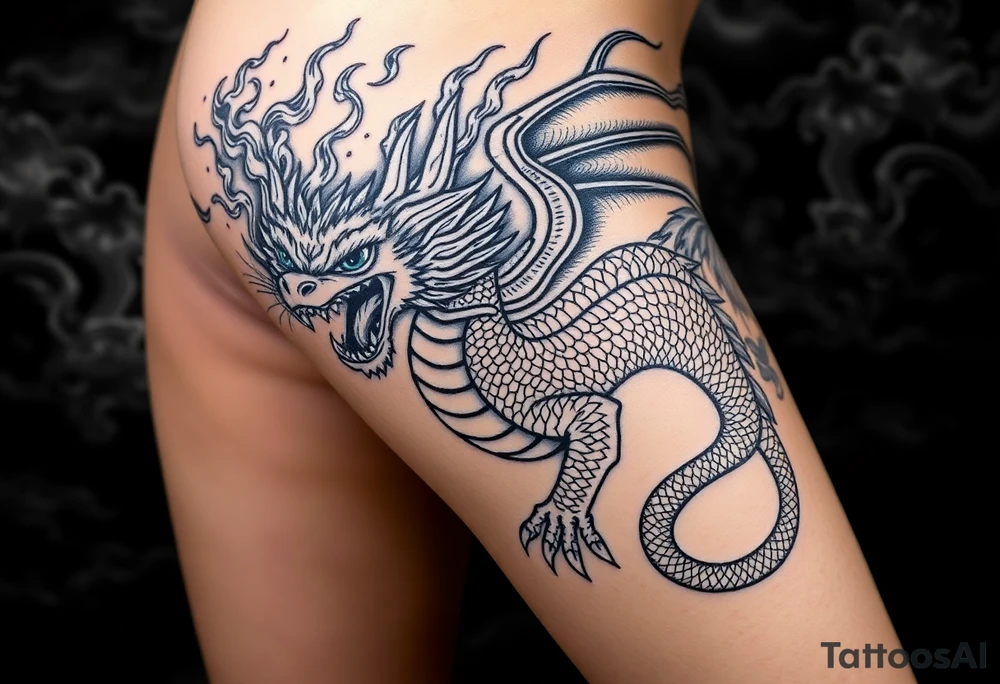 fierce dragon breathing iridescent fire against stormy skies tattoo idea