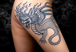 fierce dragon breathing iridescent fire against stormy skies tattoo idea