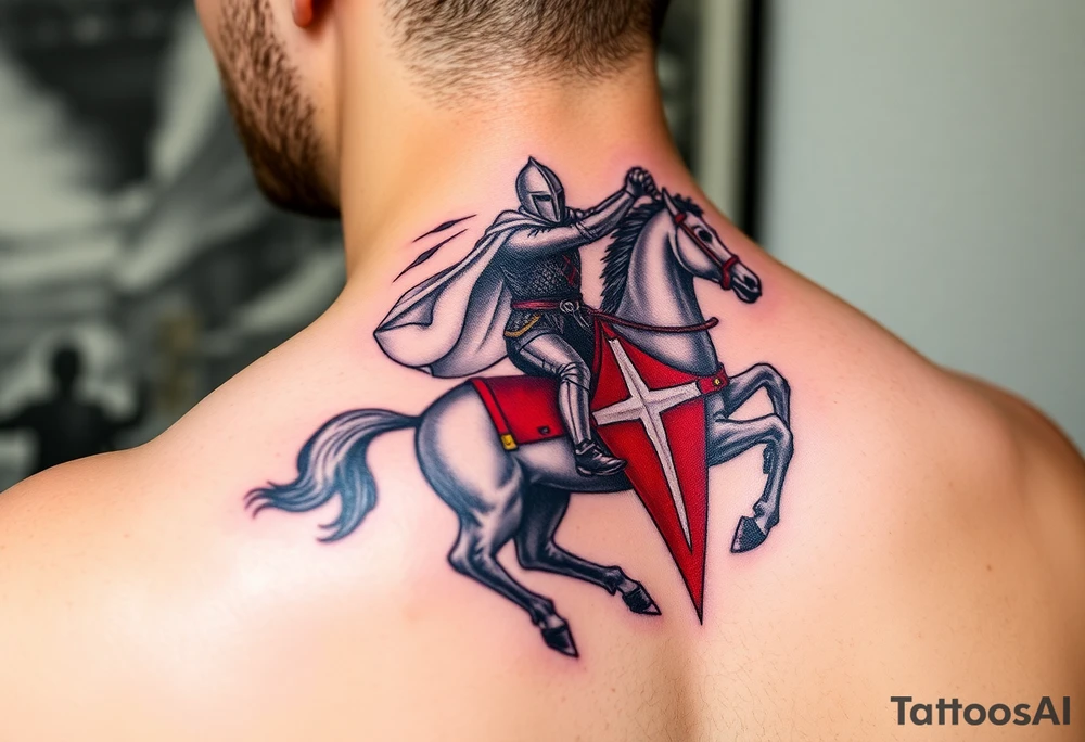 A mounted Templar knight charging into battle, his white cape billowing behind him, sword raised high, and his warhorse adorned with a red and white caparison tattoo idea