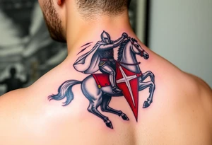 A mounted Templar knight charging into battle, his white cape billowing behind him, sword raised high, and his warhorse adorned with a red and white caparison tattoo idea