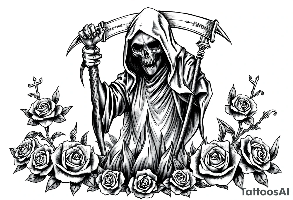 Powerful and evil grim reaper rising from the ashes of hell, surrounded by unclaimed souls and roses tattoo idea