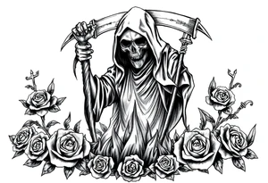 Powerful and evil grim reaper rising from the ashes of hell, surrounded by unclaimed souls and roses tattoo idea