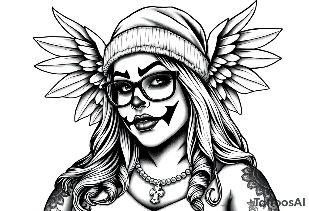 Chicana BBL fat sexy chunky plus size beautiful long hair clown makeup angel wings thug beanie eyeglasses tattoo idea