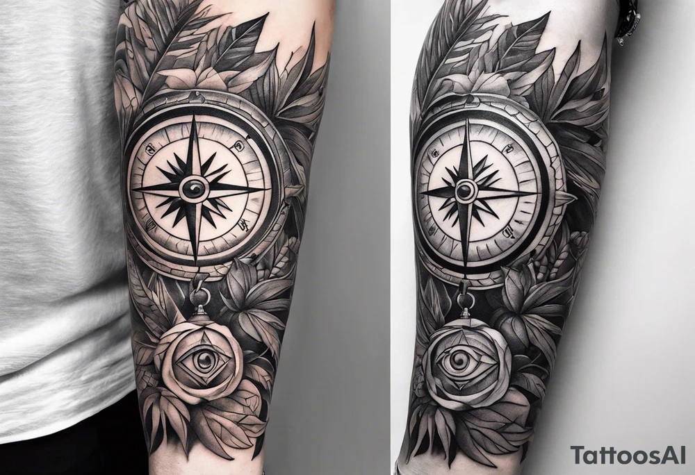 full sleeve tattoo with jungle plants, compass, all-seeing eye tattoo idea