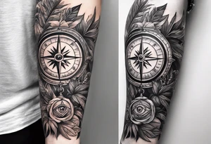 full sleeve tattoo with jungle plants, compass, all-seeing eye tattoo idea