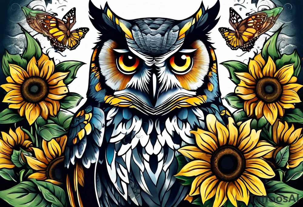 Owl surrounded with sunflowers and one butterfly tattoo idea