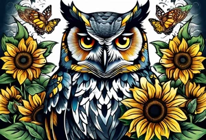 Owl surrounded with sunflowers and one butterfly tattoo idea