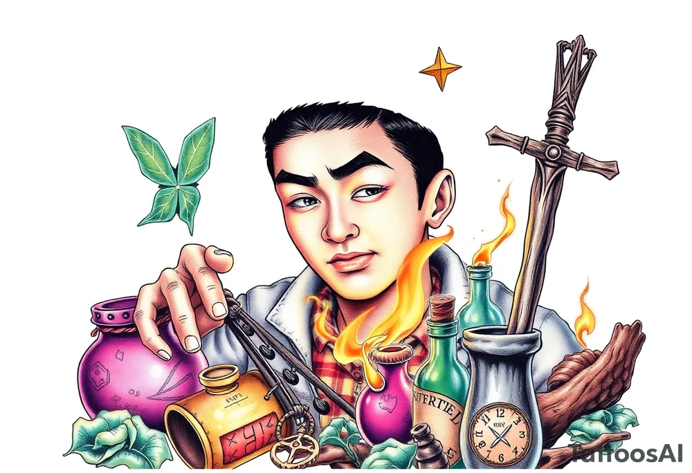 Handsome Asian young adult guy is  accidentally stumbled upon witch tools, supplies, artifacts, potions and exploring it curiously tattoo idea