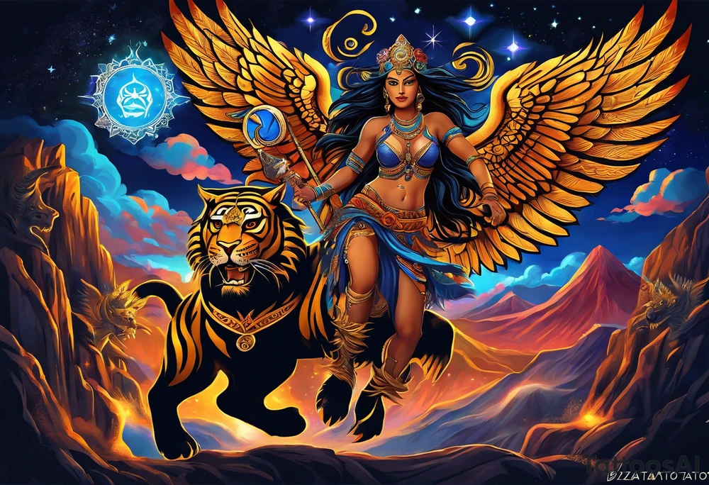 black kali, goddess pirate, alien, angel, pachamama, valkrye, warrior, flying, skull, lotus azul, wing, eagle, zenza resonance, stars, 5D, anahata chakra, death, durga, riding on a tiger, flying lady tattoo idea