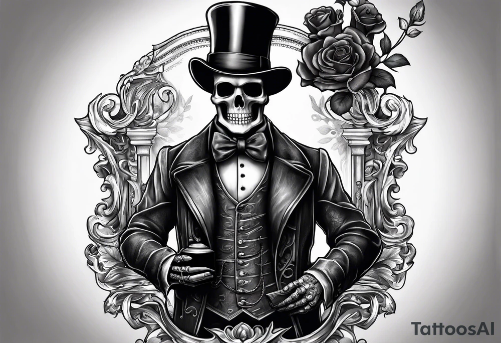 old time skeleton wearing a top hat holding a bible tattoo idea