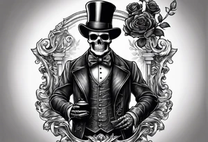 old time skeleton wearing a top hat holding a bible tattoo idea