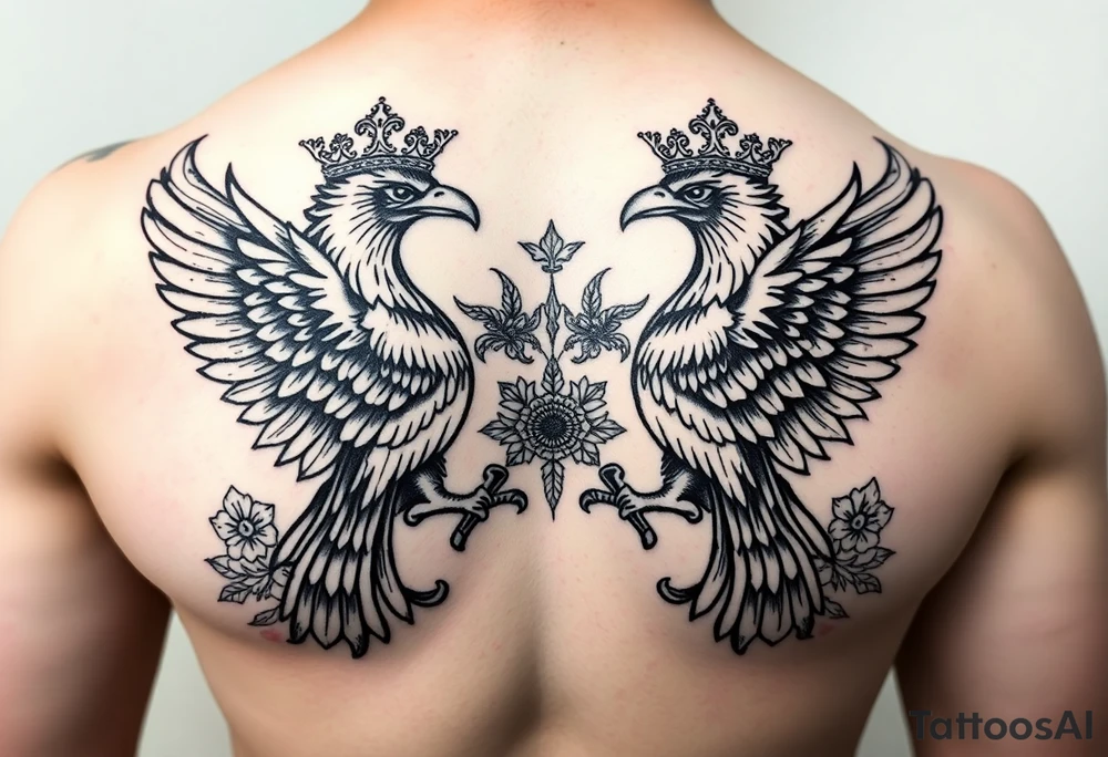 Chest tattoo,powerful two symetrical majestic eagles with a crowns, surrounded by floral ornaments and lure tattoo idea