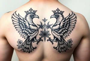 Chest tattoo,powerful two symetrical majestic eagles with a crowns, surrounded by floral ornaments and lure tattoo idea