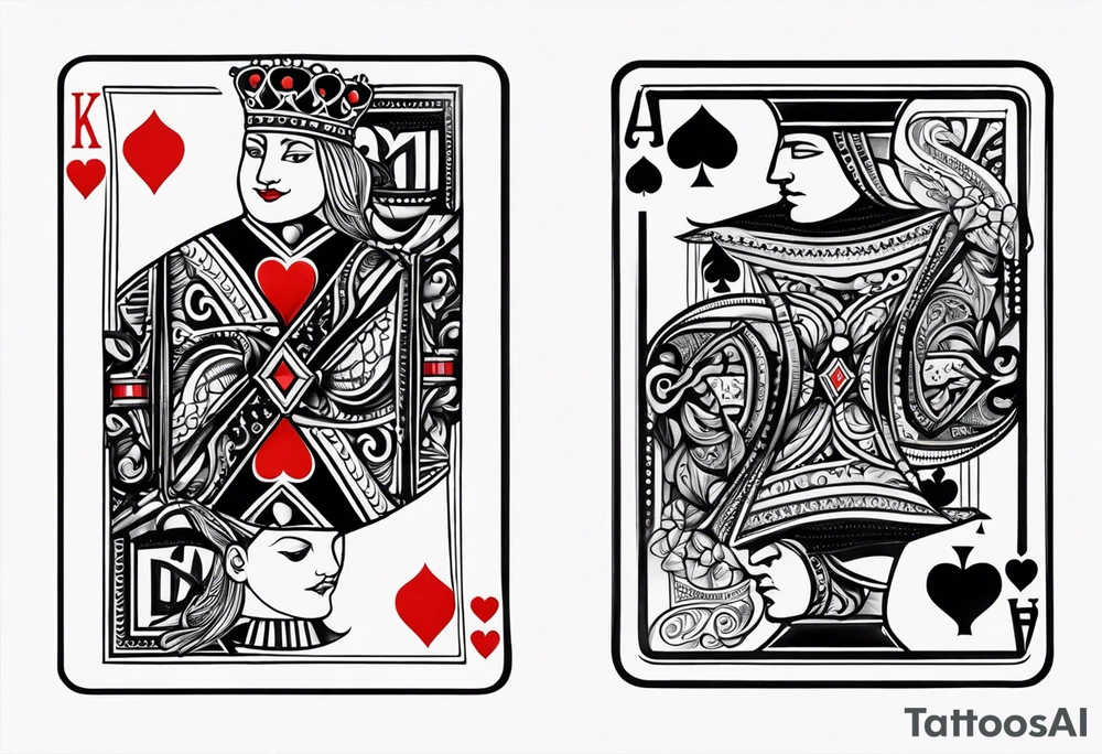 one playing card with both queen of hearts and king of spades incorporated in extreme minimalistic style tattoo idea