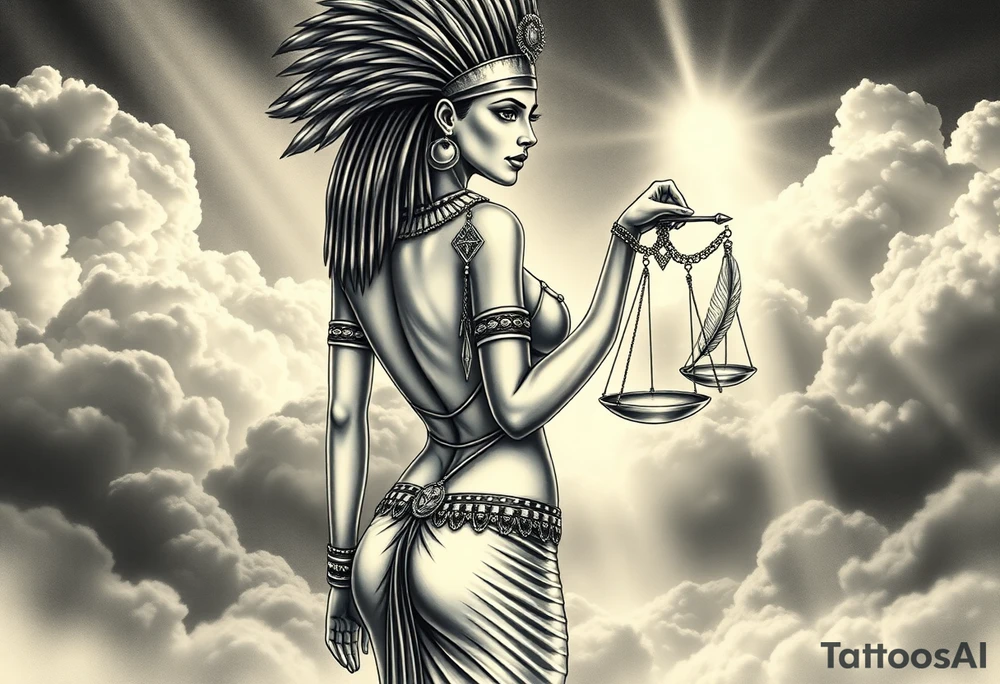 A sensual, curvaceous Egyptian goddess stands with her back slightly turned, accentuating her figure. She wears an elaborate ostrich feather headdress and ornate, intricate ancient Egyptian jewelry draped across her body. Her expression is mysterious and confident. In one hand, she holds the Scales of Justice: one side holds a radiant, glowing heart; the other, Ma’at’s feather. The scales themselves shimmer with an otherworldly light.
The background is a surreal, heavenly landscape filled with luminous clouds and beams of divine light piercing through, creating dramatic contrasts of deep shadows and highlights. The entire scene is bathed in an ethereal, mystical glow, with a dreamlike, almost supernatural atmosphere. tattoo idea