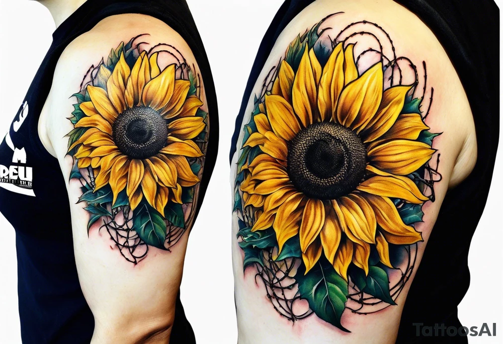 Sunflower, wheat, horseshoe, and barbed wire half sleeve tattoo idea