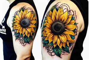 Sunflower, wheat, horseshoe, and barbed wire half sleeve tattoo idea